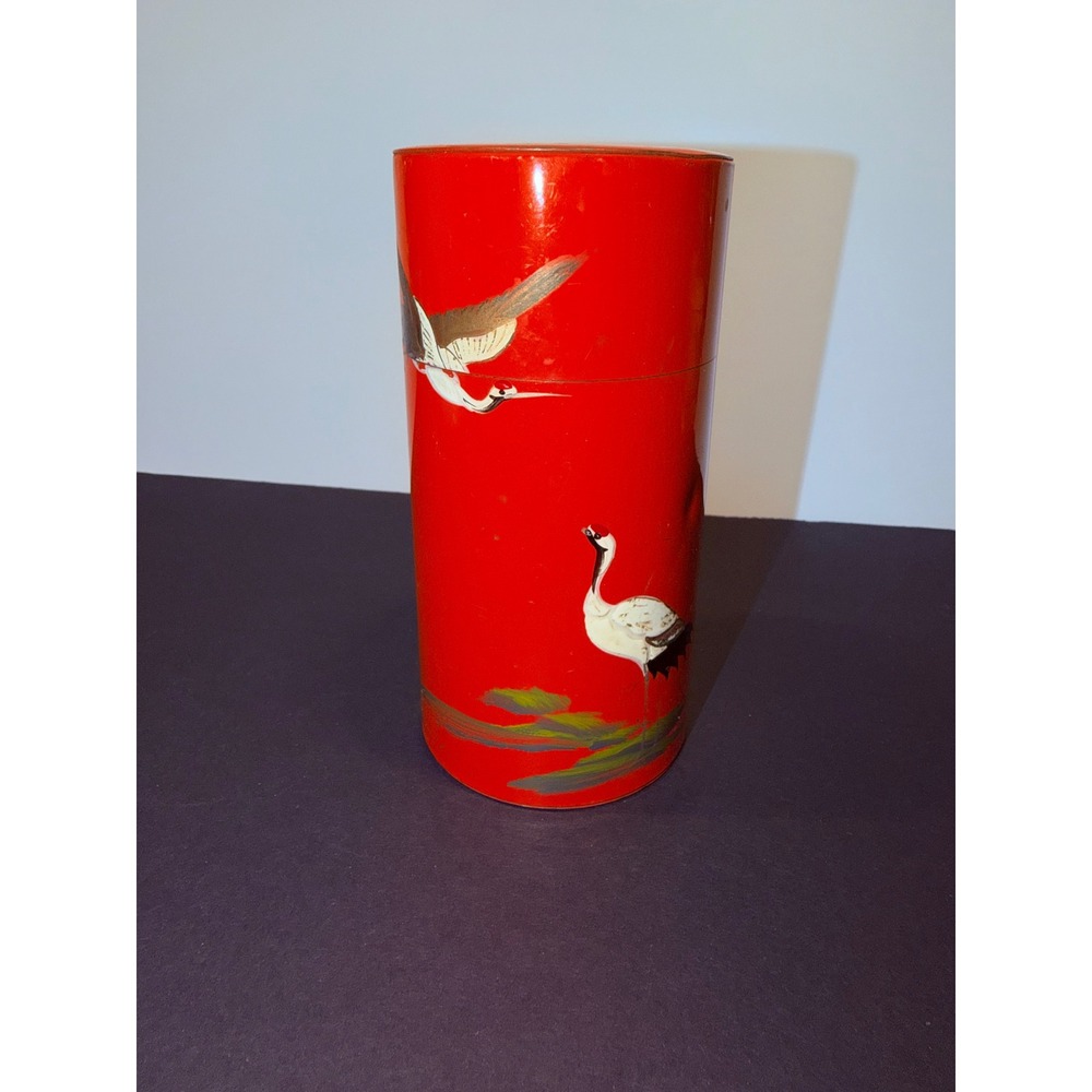 Vintage Japanese Orange Lacquer Tea Tin Canister Hand Painted Cranes 6.5"
